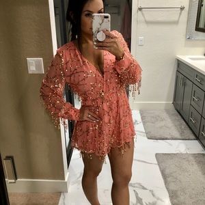 Coral Long Sleeve Sequins Romper